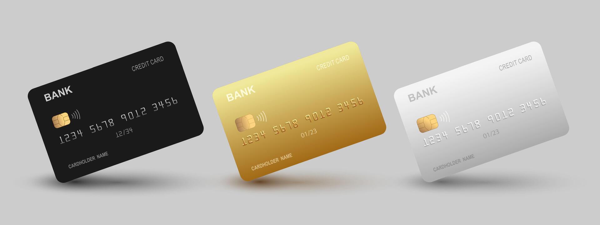 Realistic VIP detailed 3d style different credit debit cards mockups vector