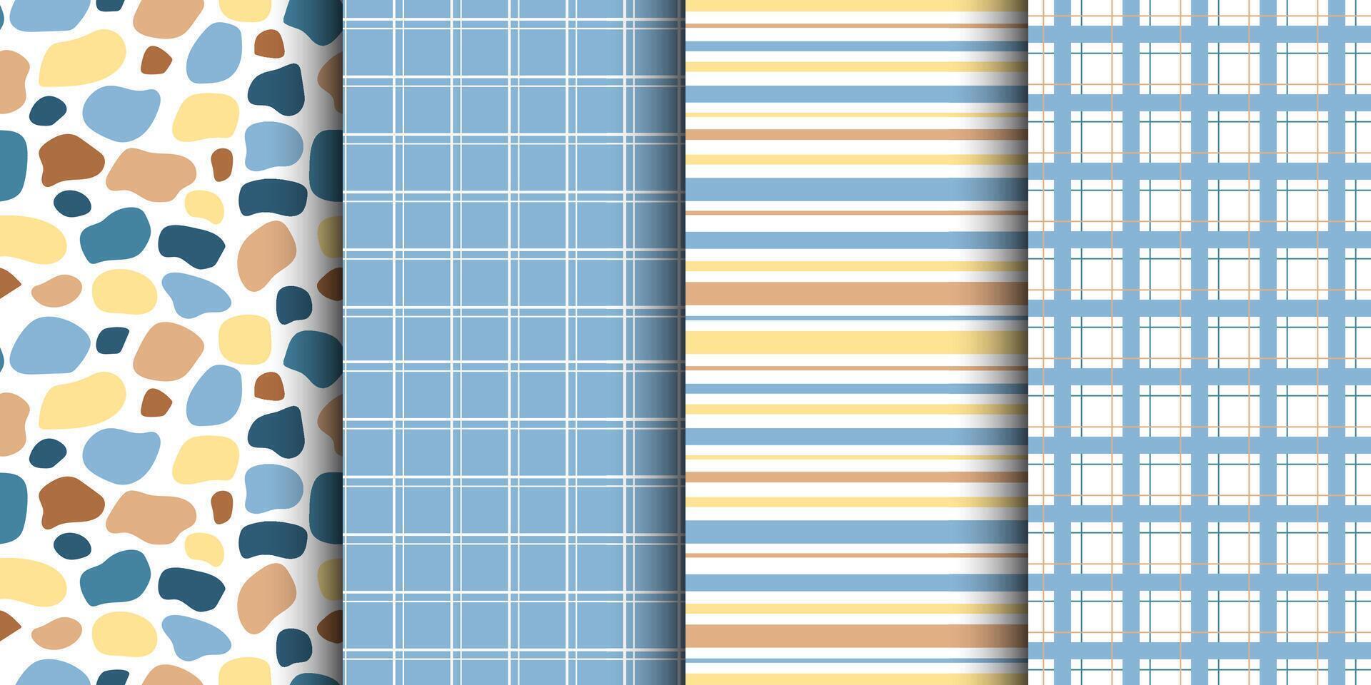 Set of cute seamless patterns of multicolored curved checkered lines and confetti, polka dots, striped pattern on a light background, hand drawn illustration vector