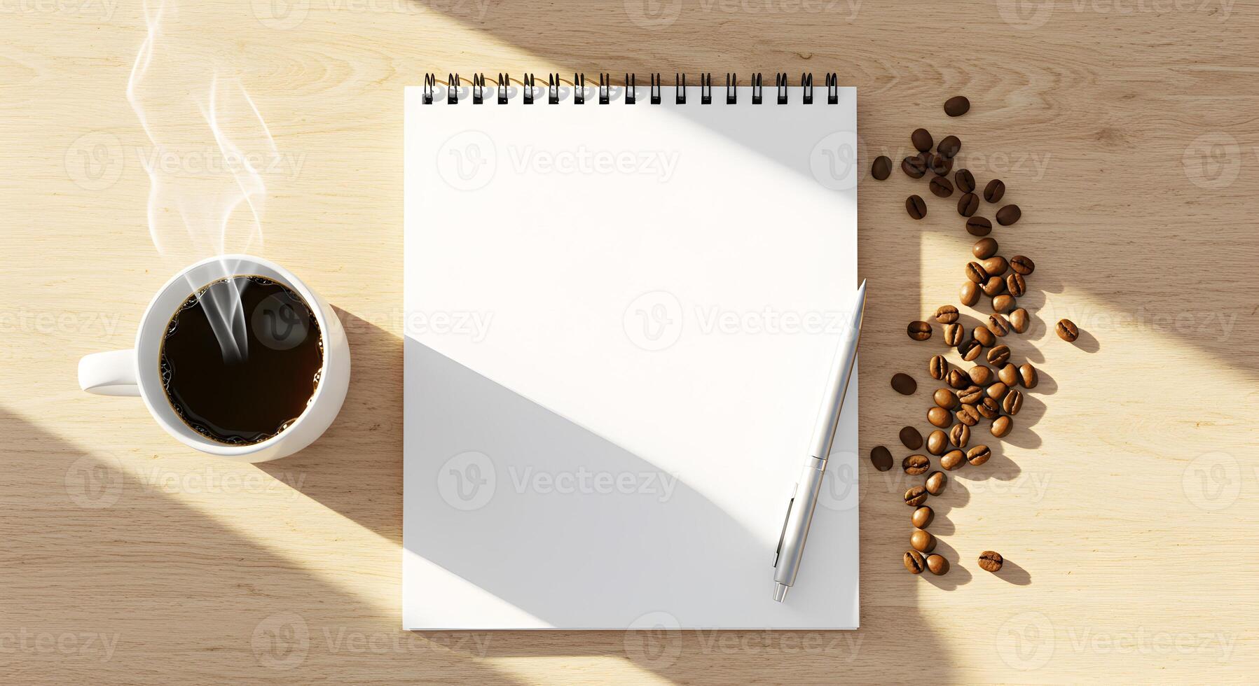 Warm and Inviting Flat Lay Featuring an Open Notebook, a Cup of Black Coffee, a Silver Pen, and Coffee Beans on a Light Wooden Table, Ideal for Productivity and Mockups photo