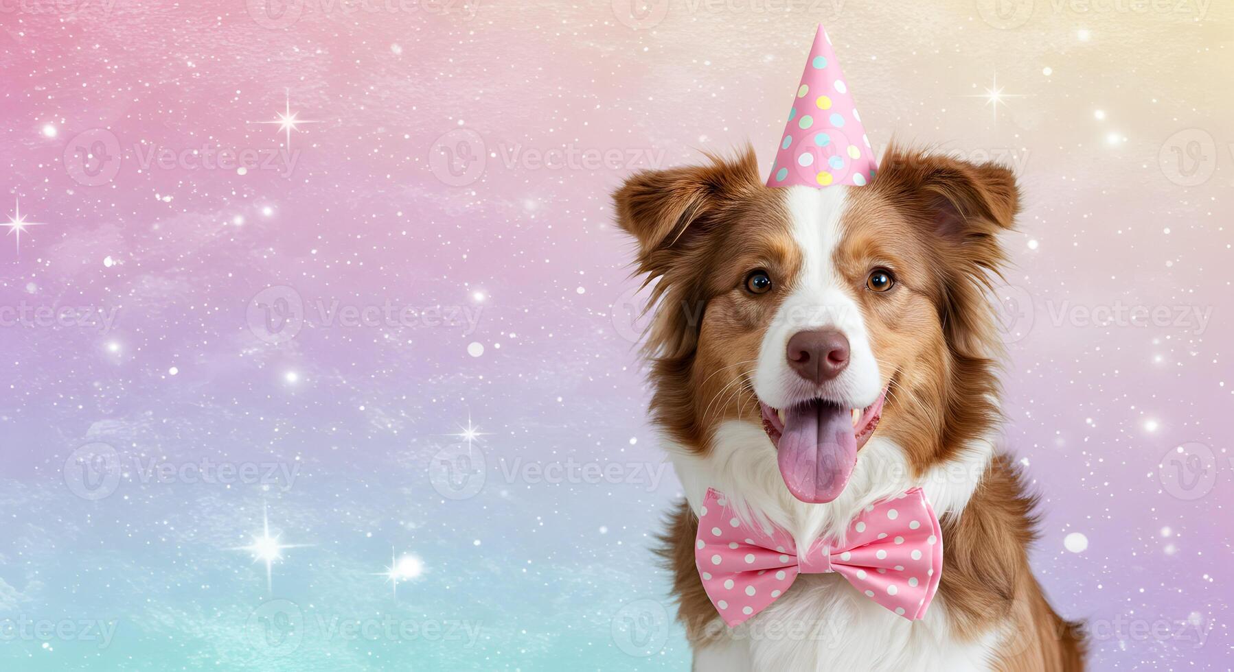 Festive Border Collie in a Pink Birthday Hat and Matching polka dot Bow Tie Against a Glittery Pastel Sky with Copy Space photo