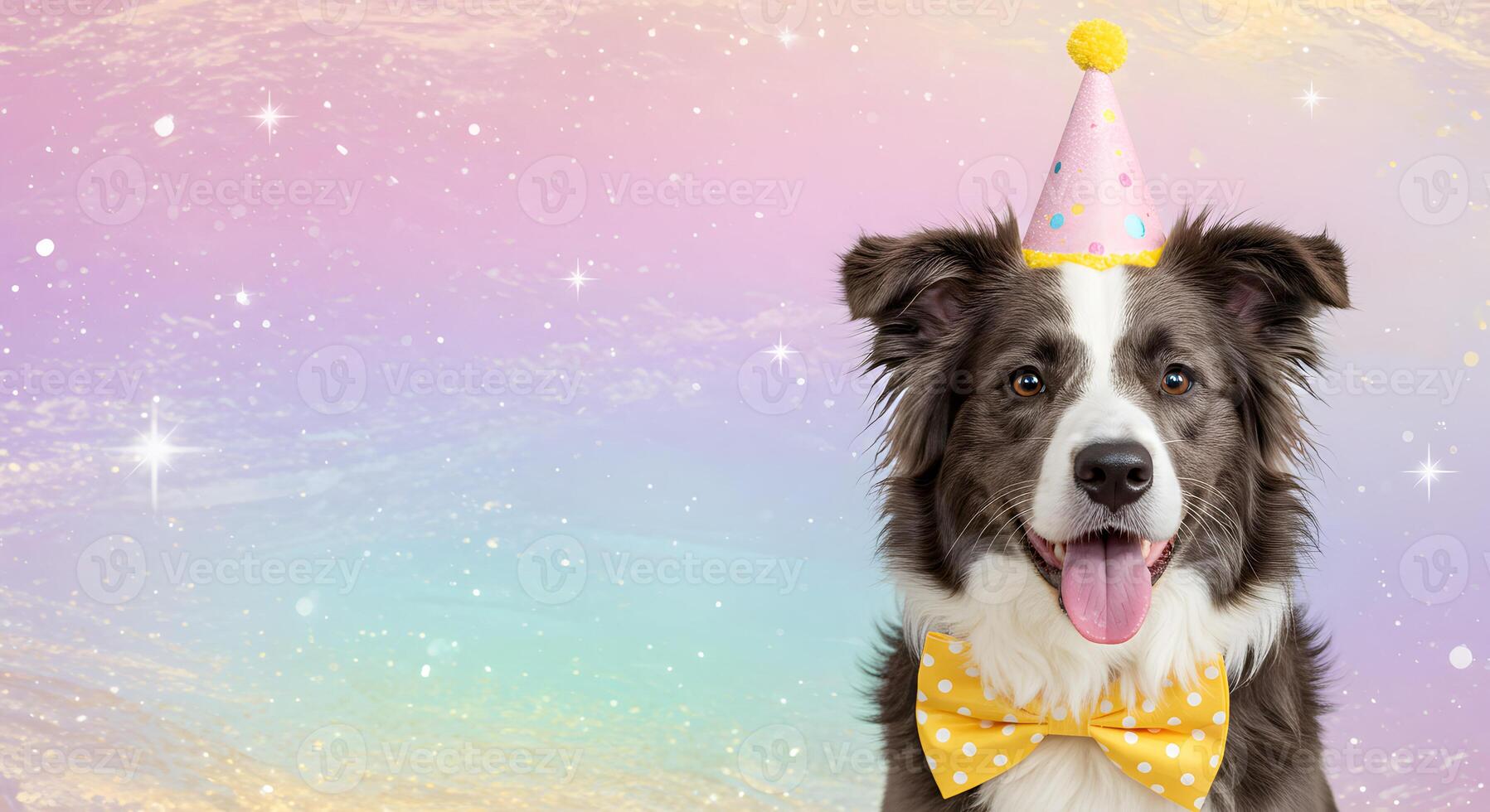 Festive Border Collie in a Pink Birthday Hat and Matching Bow Tie Against a Glittery Pastel Sky with Copy Space photo
