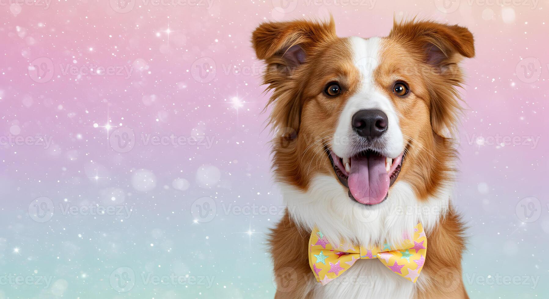 Festive Border Collie in a Yellow Fancy Bow Tie Against a Glittery Pastel Sky with Copy Space photo