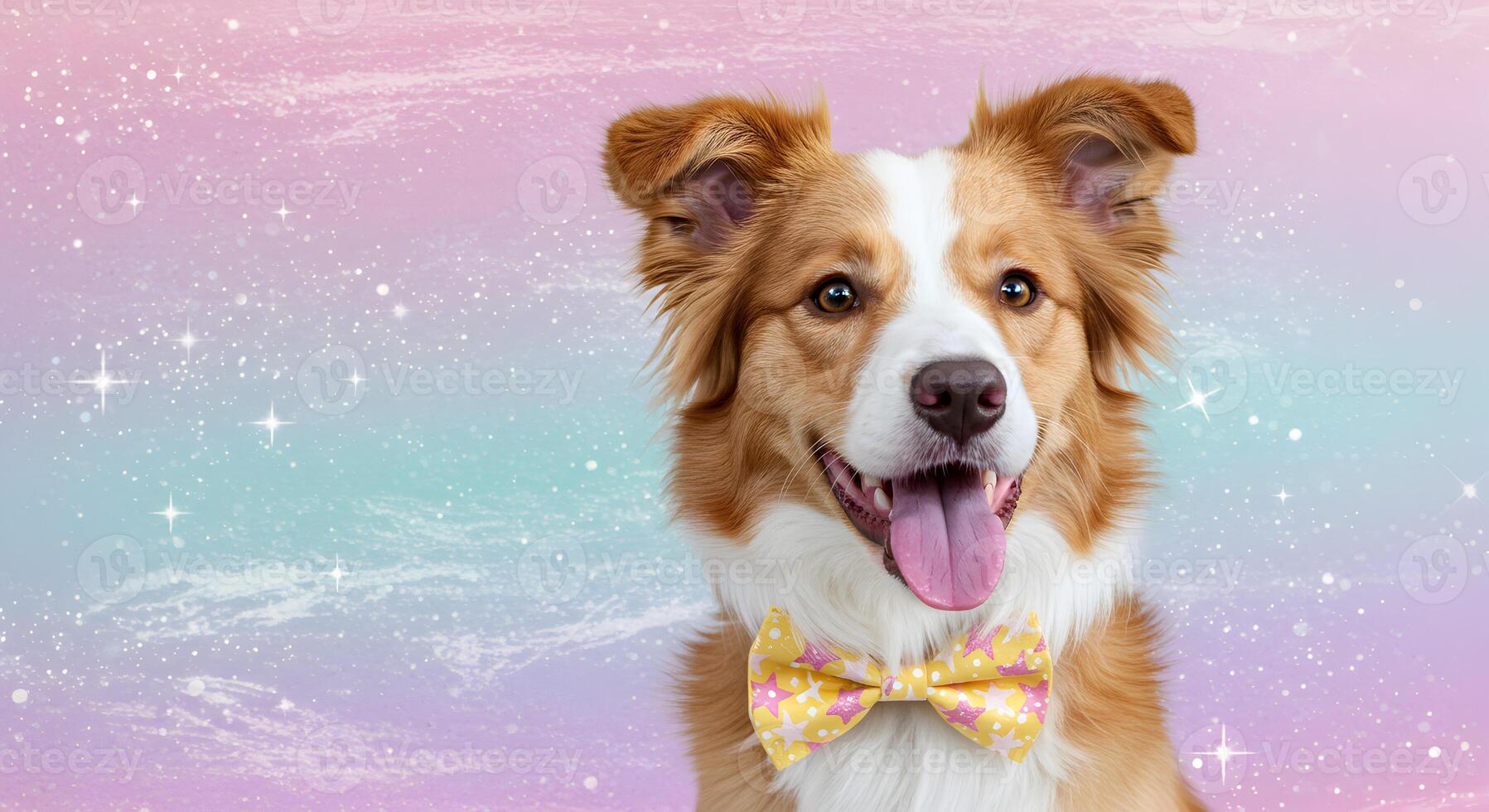 Happy Border Collie Dog Wearing a Yellow Star Bow Tie on a Pastel Sparkle Background with space for text photo