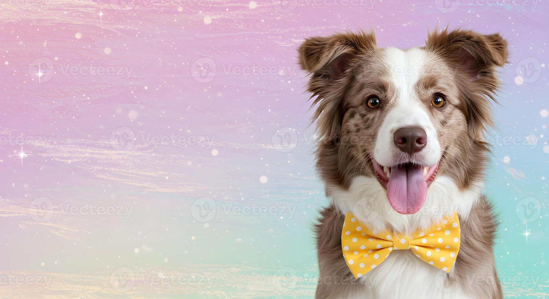 Adorable Smiling Border Collie Dog Dressed for a Celebration with a Fancy Yellow Bow Tie on a Dreamy Bokeh Backdrop with Empty Space for Text photo