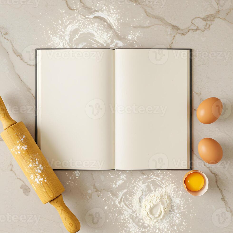 Open Cookbook with Rolling Pin, Eggs, and Flour, Baking Concept photo