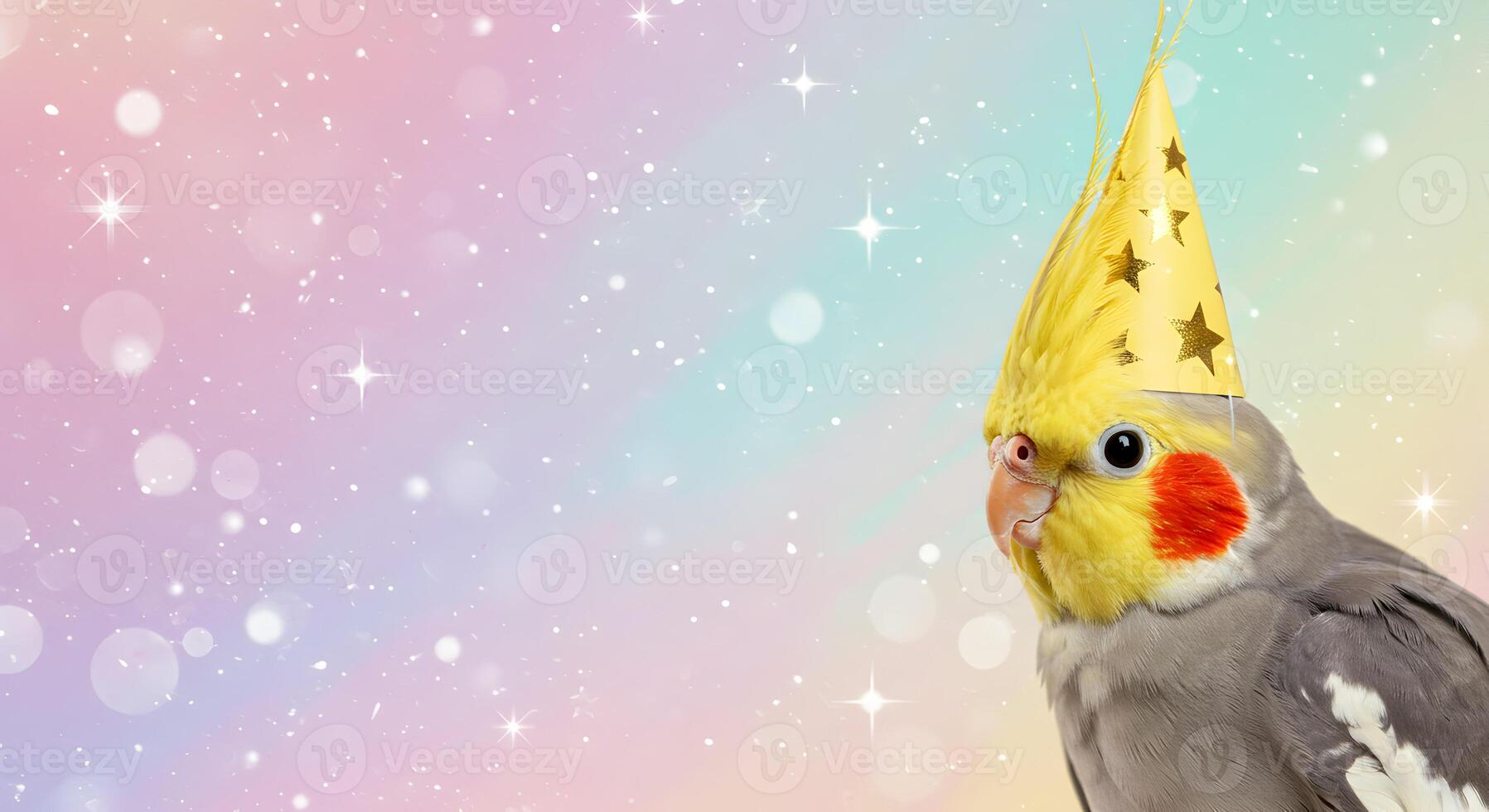 Cockatiel Wearing a Yellow Party Hat with Gold Stars Set Against a Dreamy Pastel Bokeh Background photo