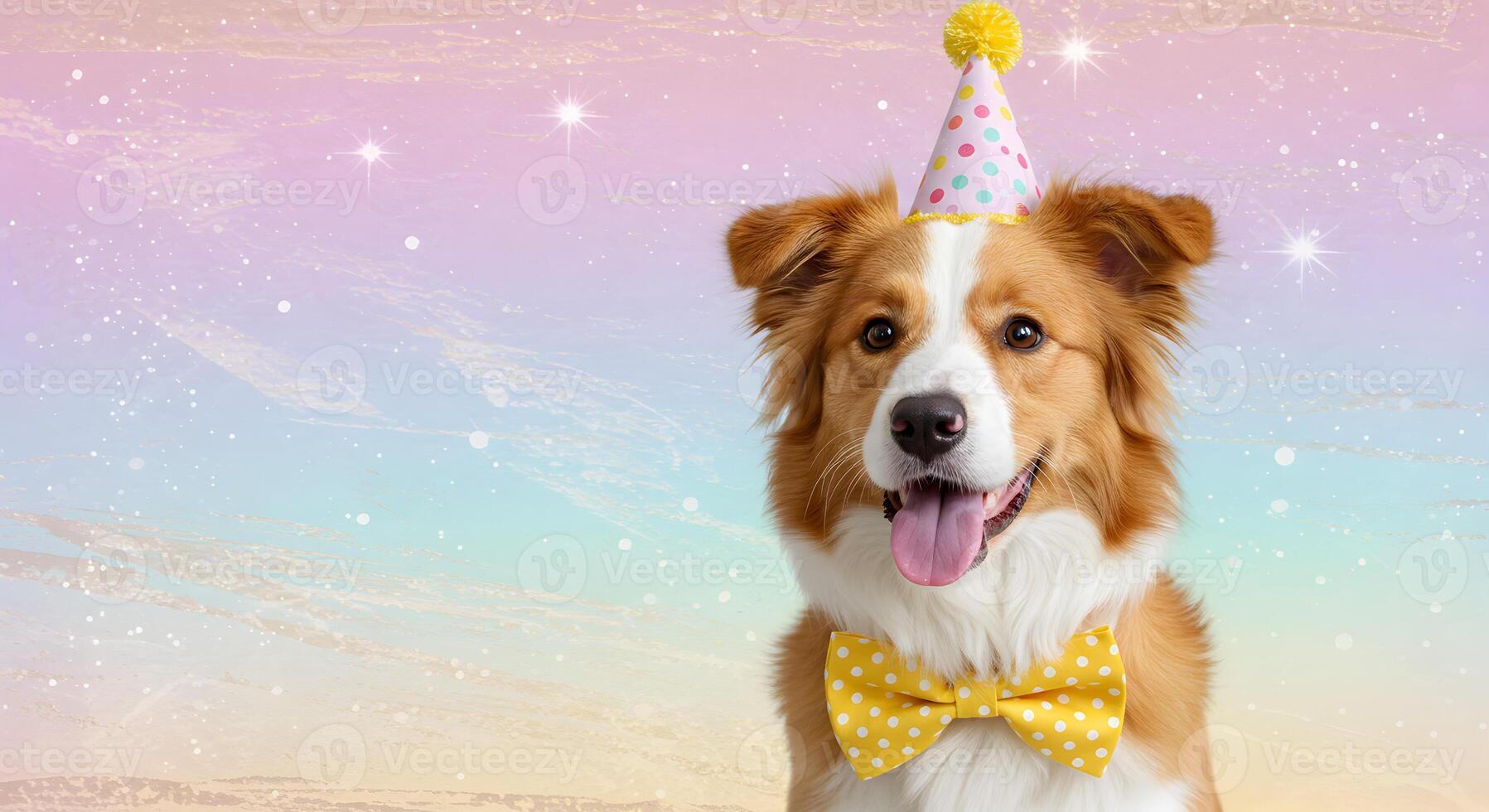 Happy brown and white border collie dog wearing a sky blue party suit, birthday hat, and matching polka dot bow tie, against a magical pastel bokeh background with space for text photo