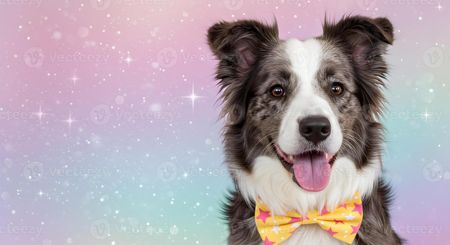Happy border collie dog wearing a yellow star bow tie on a pastel bright background with empty space for text photo