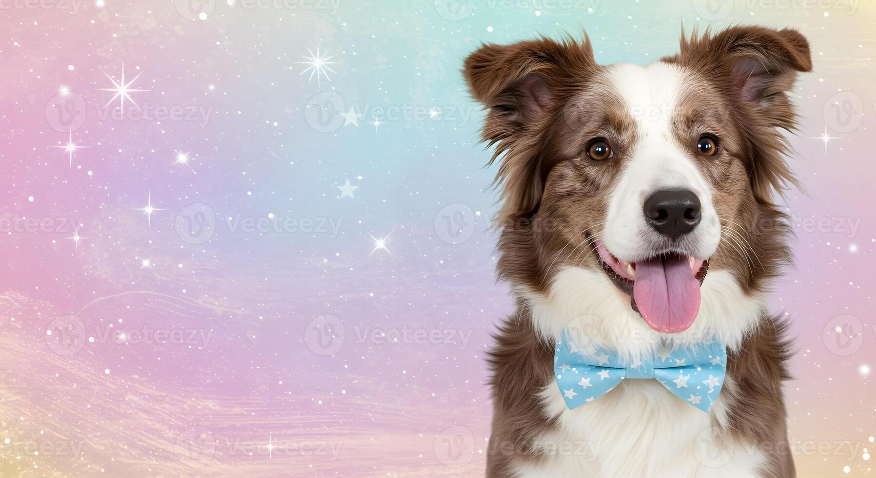 Cute Brown and White Border Collie Dog in a Fancy Bow Tie, Set Against a Soft Pastel Gradient with Glittering Stars with Empty Space for Text photo