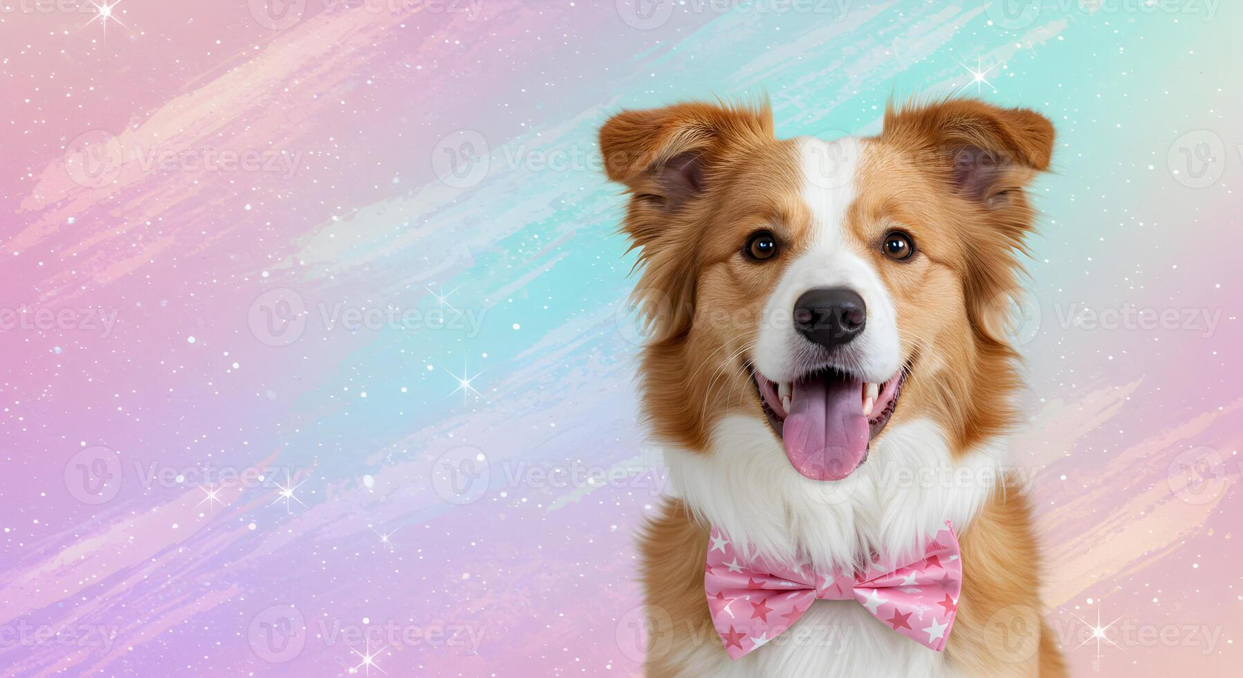 Happy Border Collie Dog Wearing a Pink Bow Tie on a Pastel Sparkle Background with Copy Space photo
