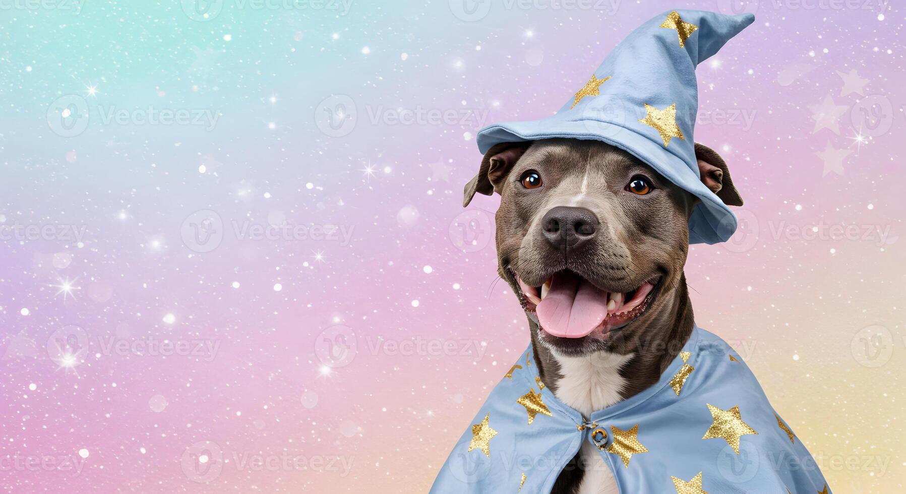 Happy Pit Bull Dog Wearing a Light Blue Wizard Costume on a Pastel Sparkle Background with Copy Space photo