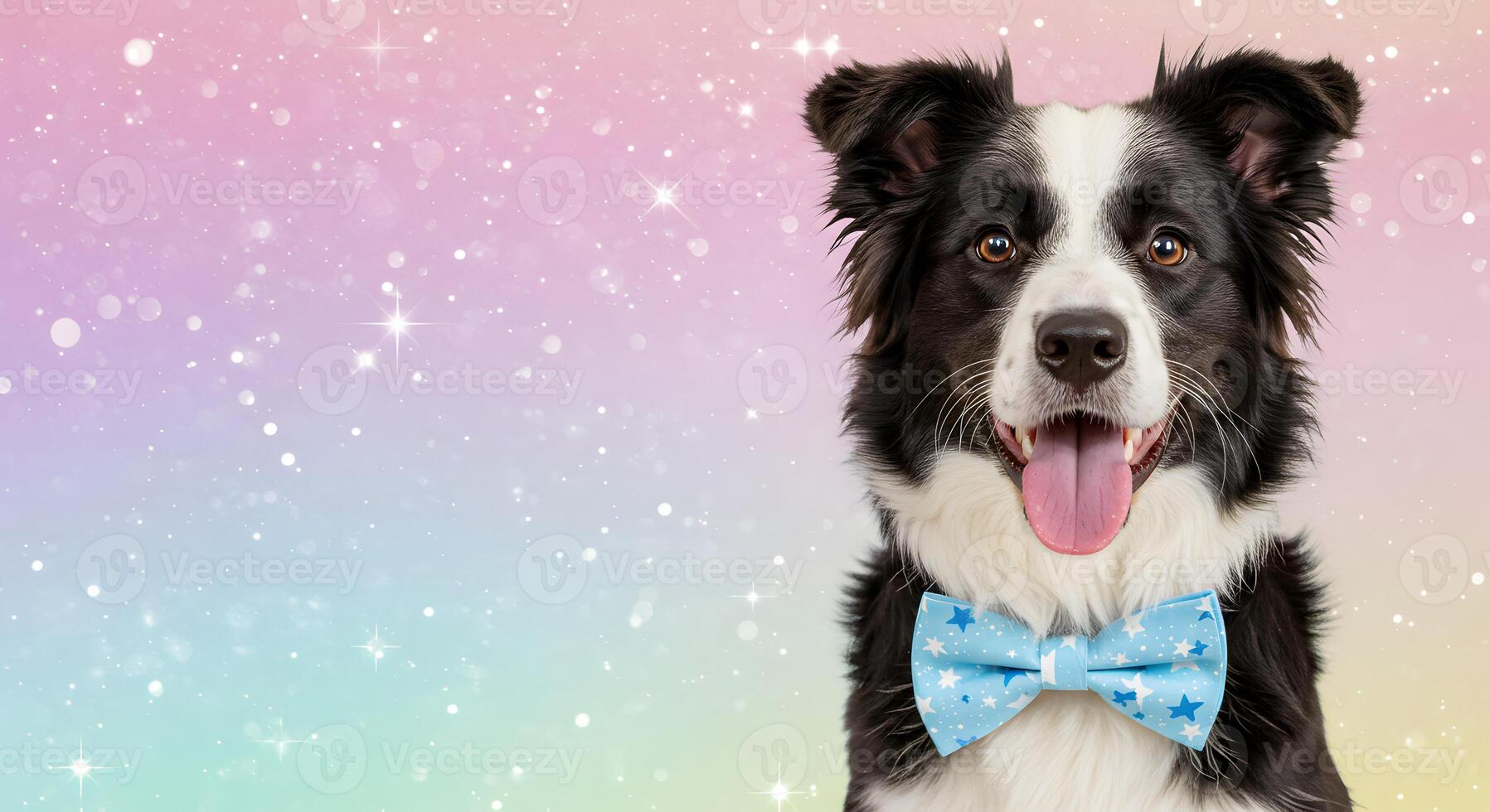 Happy Border Collie Dog Wearing a Blue Star Bow Tie on a Pastel Sparkle Background with Empty Space for Text photo