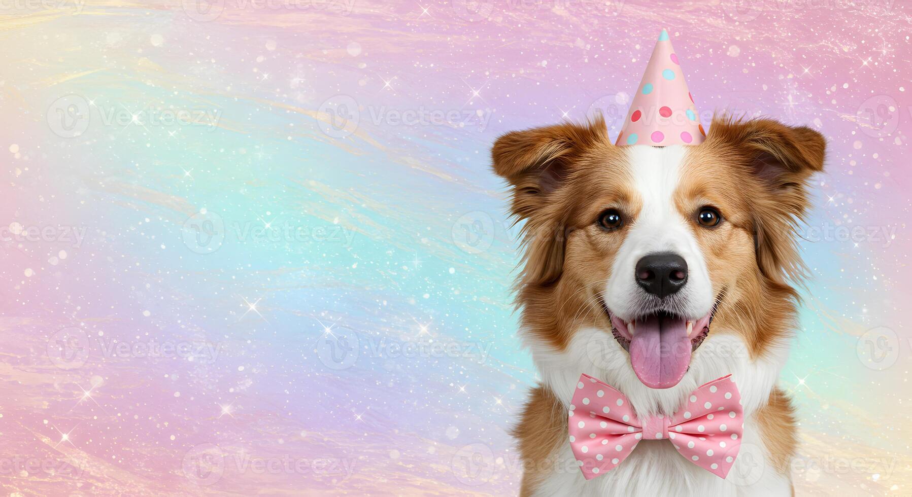 Happy Border Collie Dog Wearing a polka dot Pink Party Hat and Bow Tie on a Pastel Sparkle Background with Copy Space photo