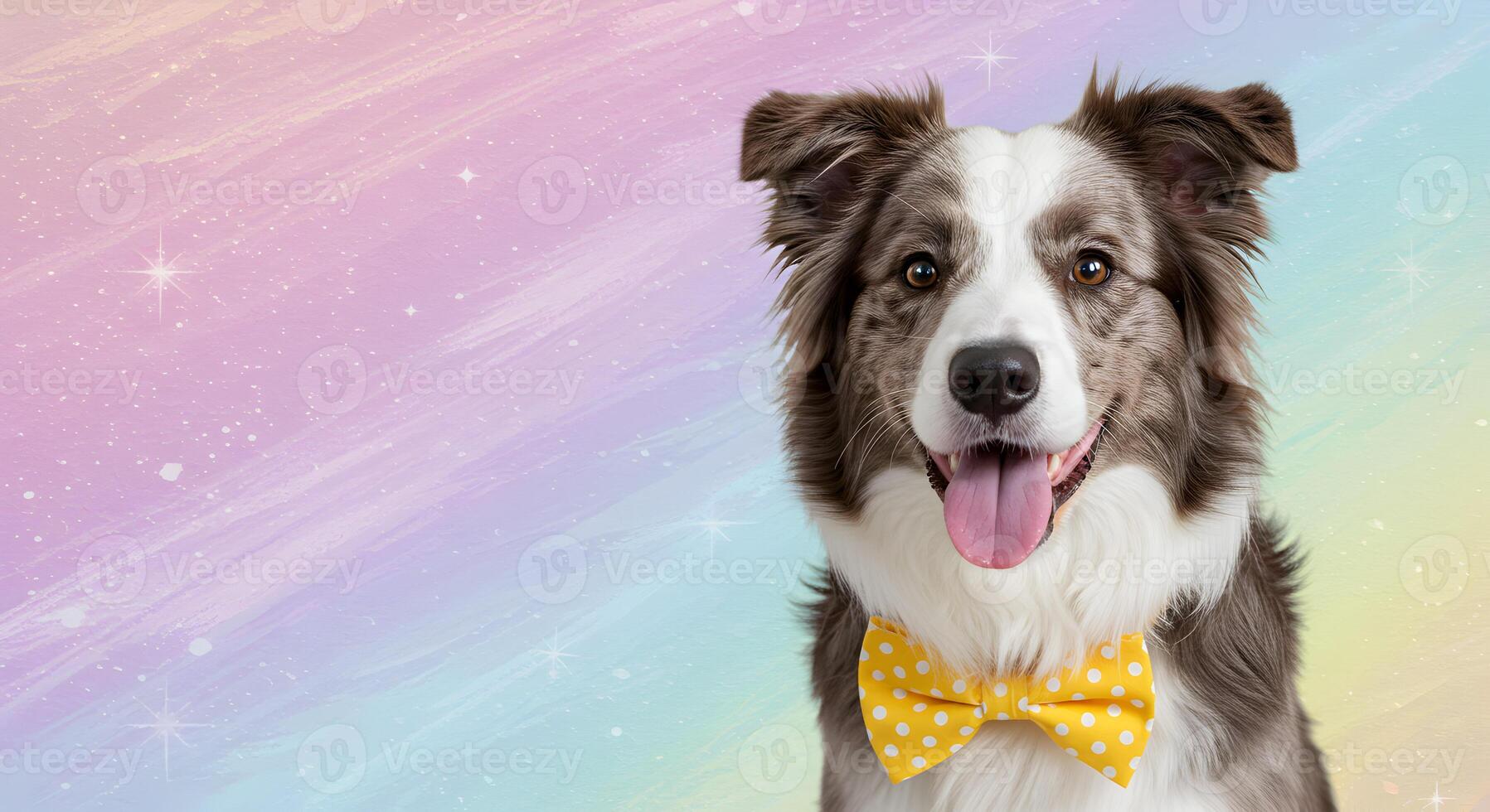 Happy Smiling Border Collie Dog Dressed for a Celebration with a Fancy Yellow Bow Tie on a Dreamy Bokeh Backdrop with Empty Space for Text photo