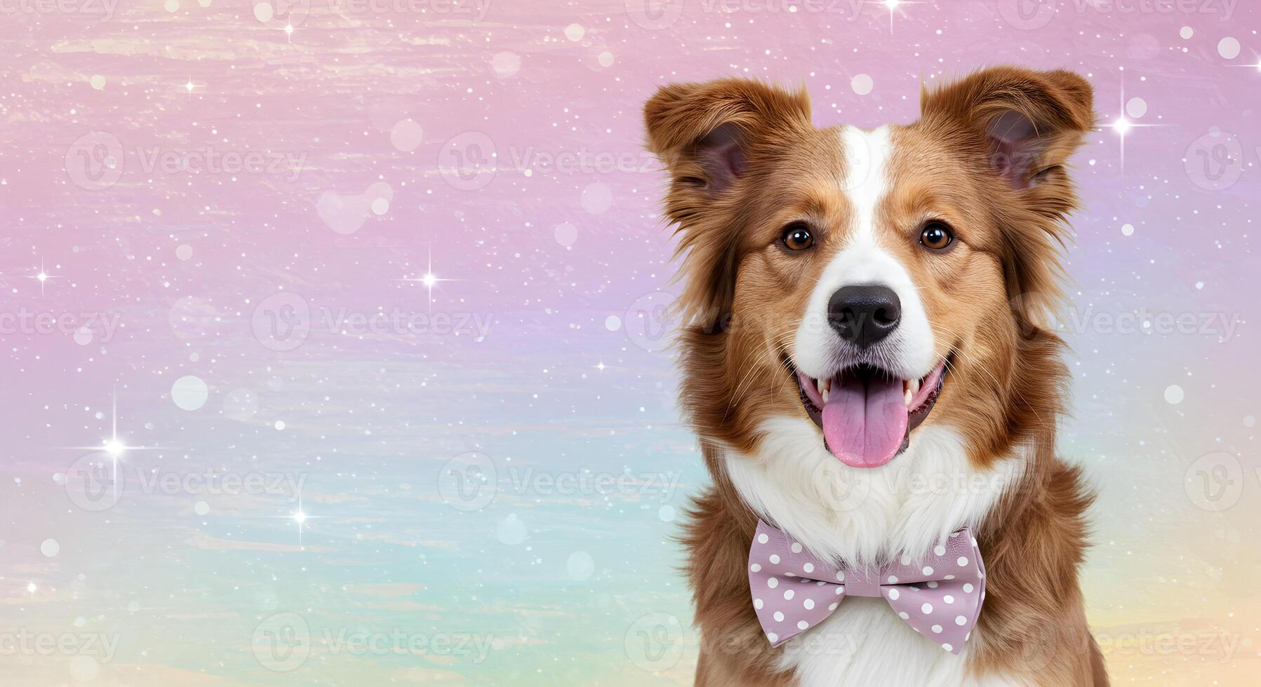 Cute Brown and White Border Collie Dog with a Dapper Bow Tie, Set Against a Magical Pastel Background with Empty Space for Text photo