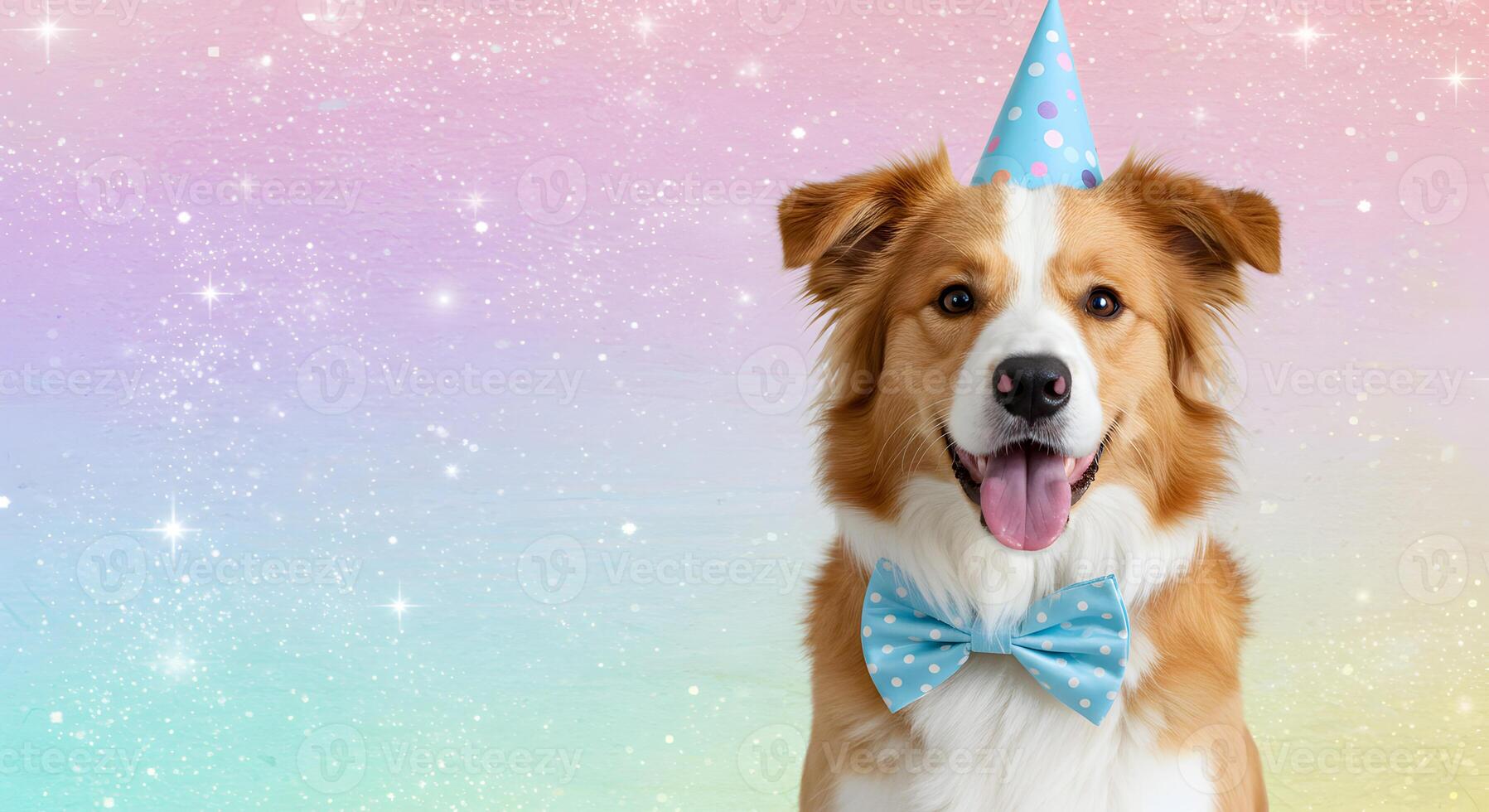 Happy Border Collie dog wearing a blue polka dot hat and matching bow tie on a pastel bright background with empty space for text photo