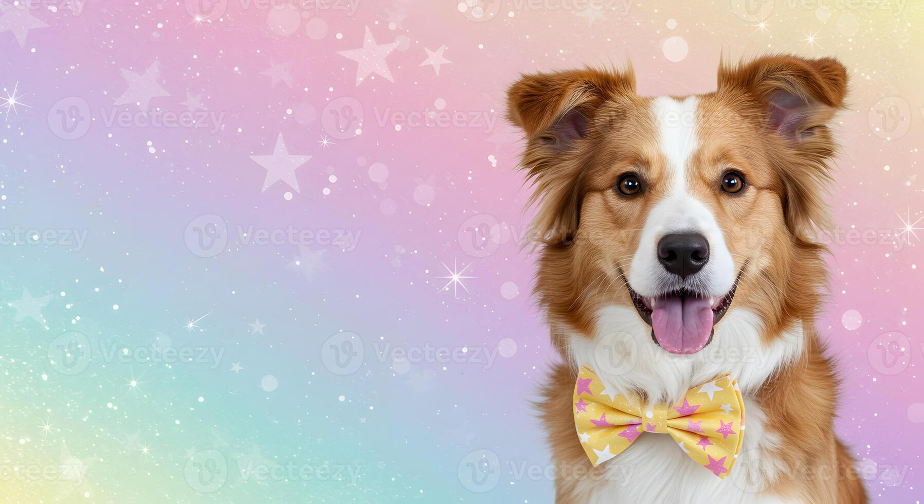 Adorable Smiling Dog Dressed for a Celebration with a Polka Bow Tie on a Dreamy Bokeh Backdrop with Empty Space for Text photo
