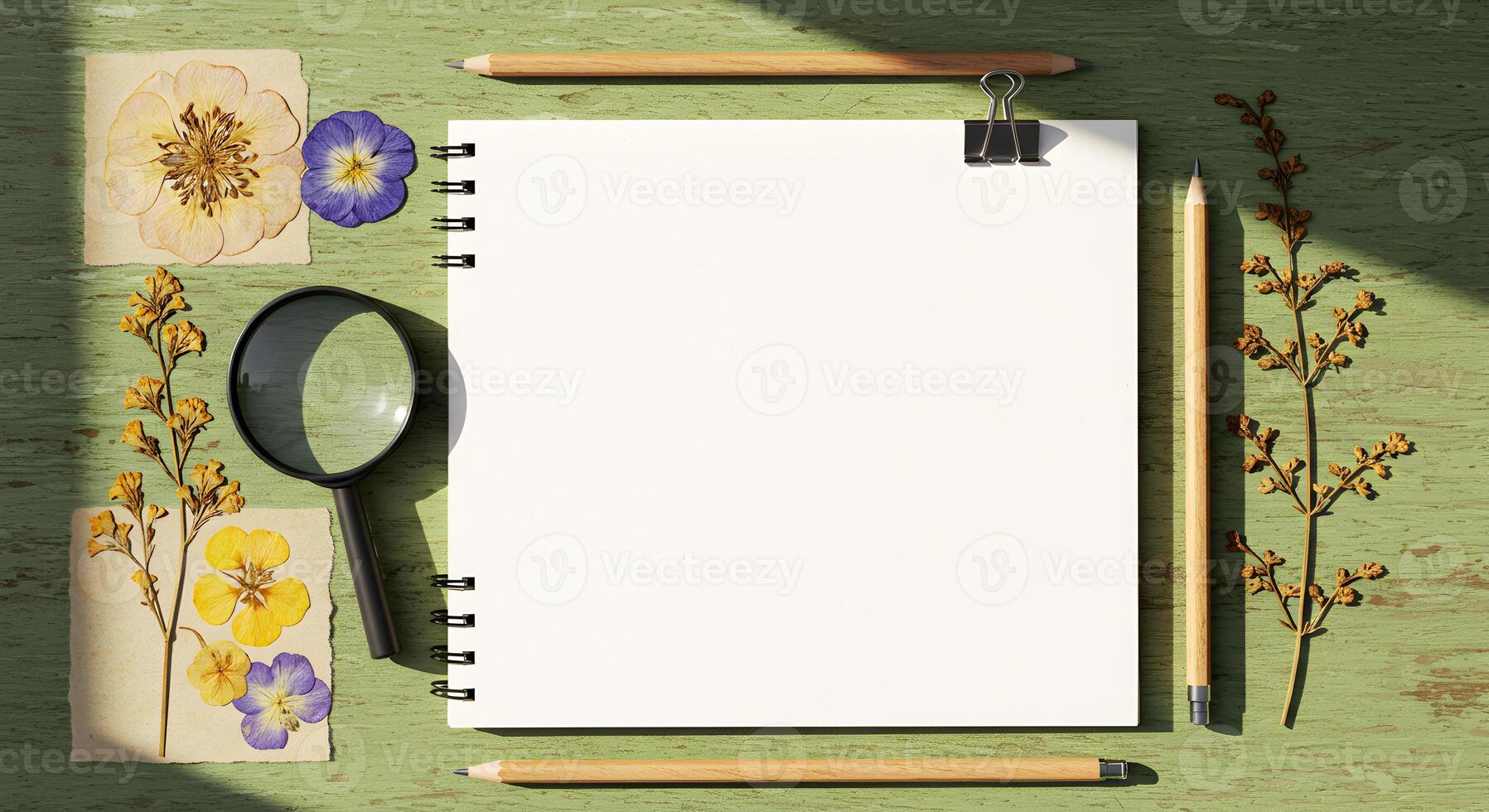 Creative and Scientific Flat Lay of a Blank Notebook, Magnifying Glass, Pencils, and Dried Flowers on a Green Wooden Table, Ideal for Nature Studies and Mockups photo