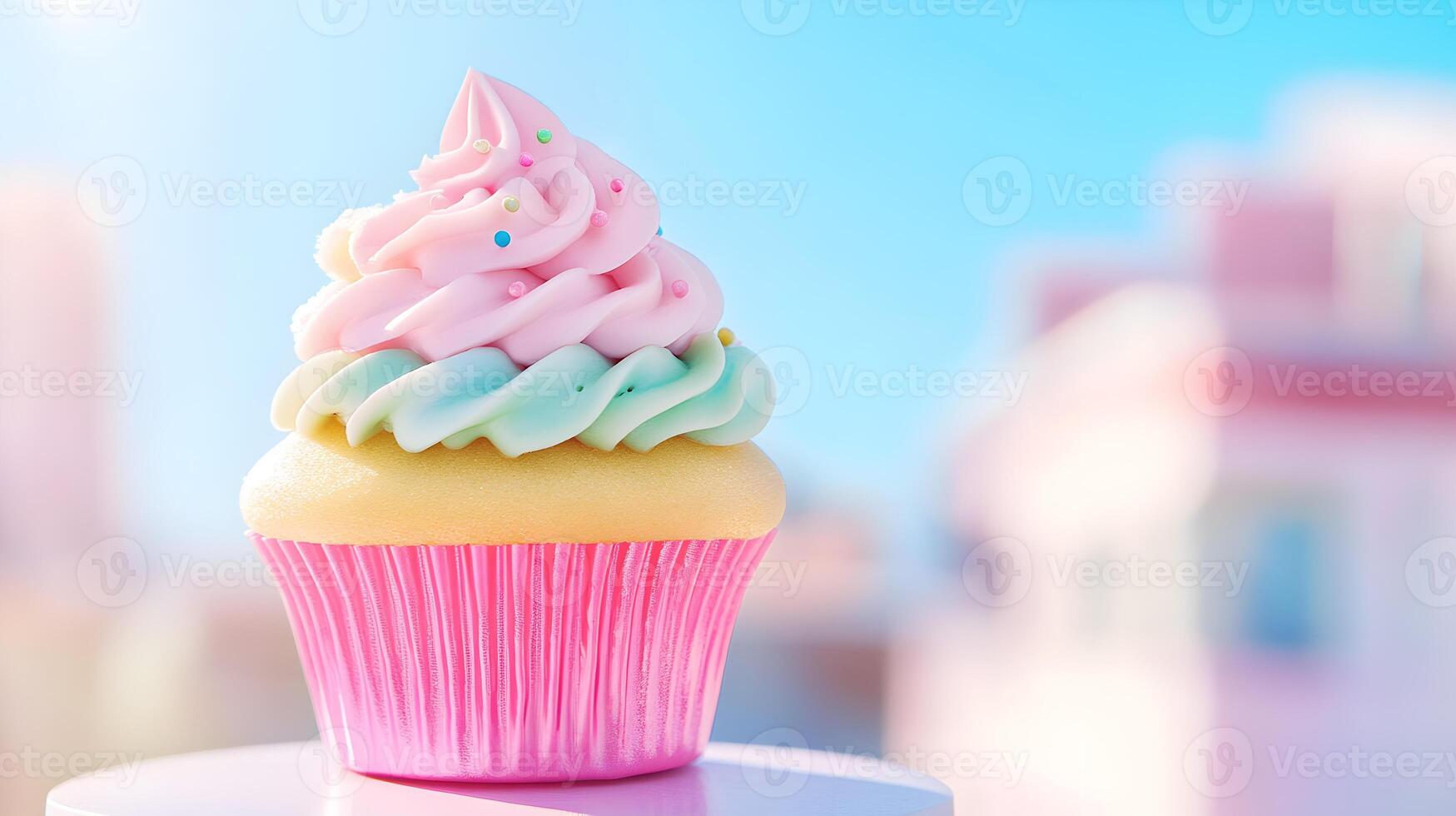 A cupcake with pink and white frosting on top photo