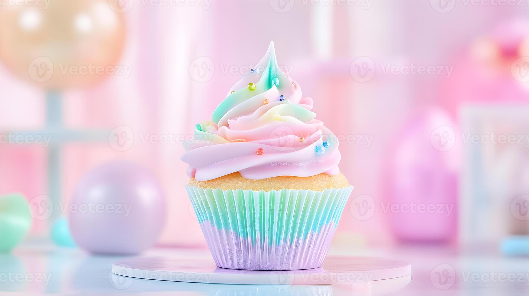 A cupcake with rainbow frosting on top photo