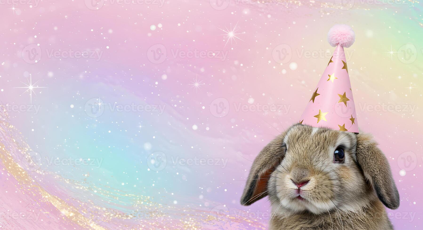 Adorable Bunny Wearing a pink Party Hat on a Pastel Sparkle Background photo