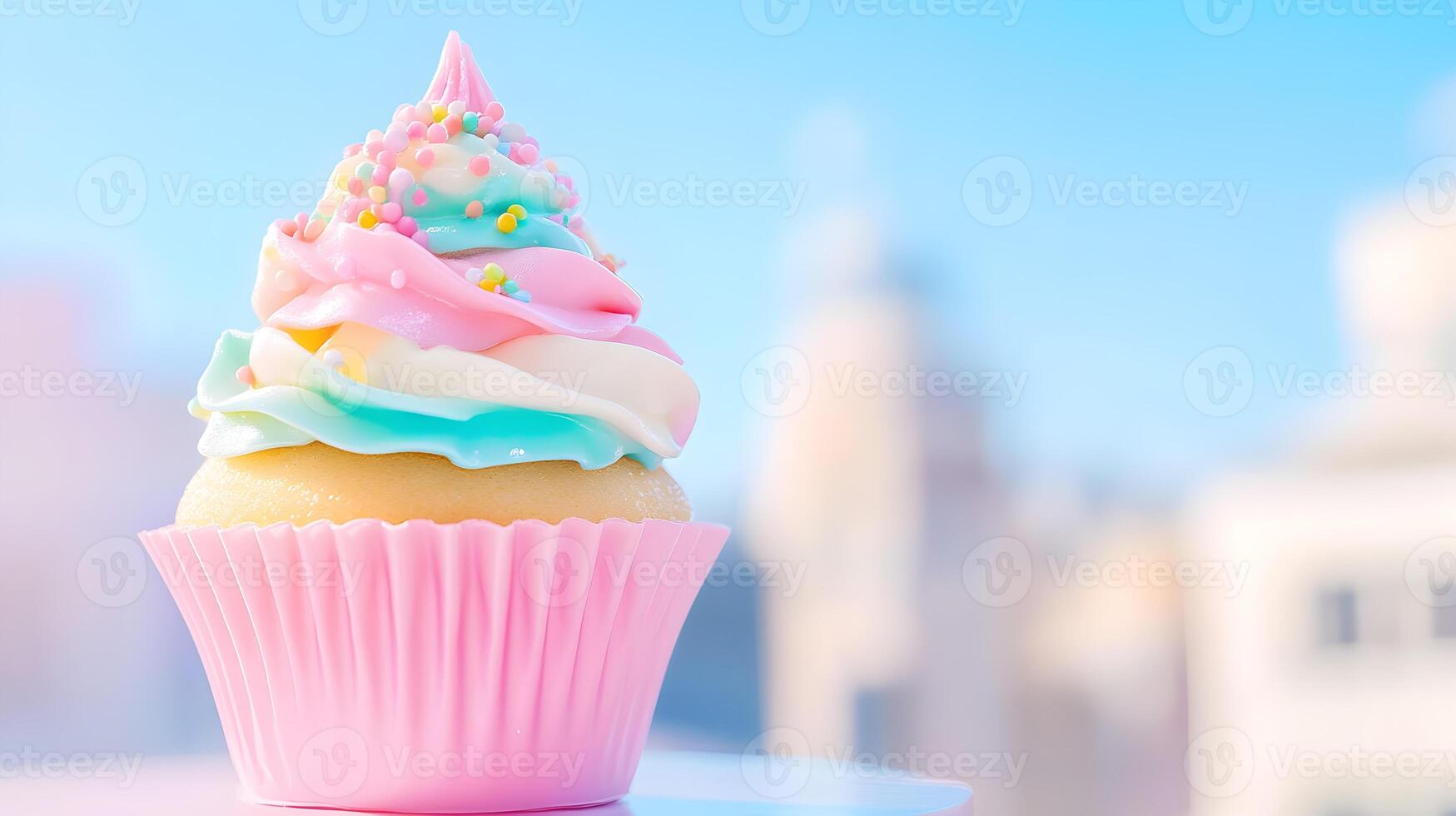 A cupcake with a colorful icing on top photo