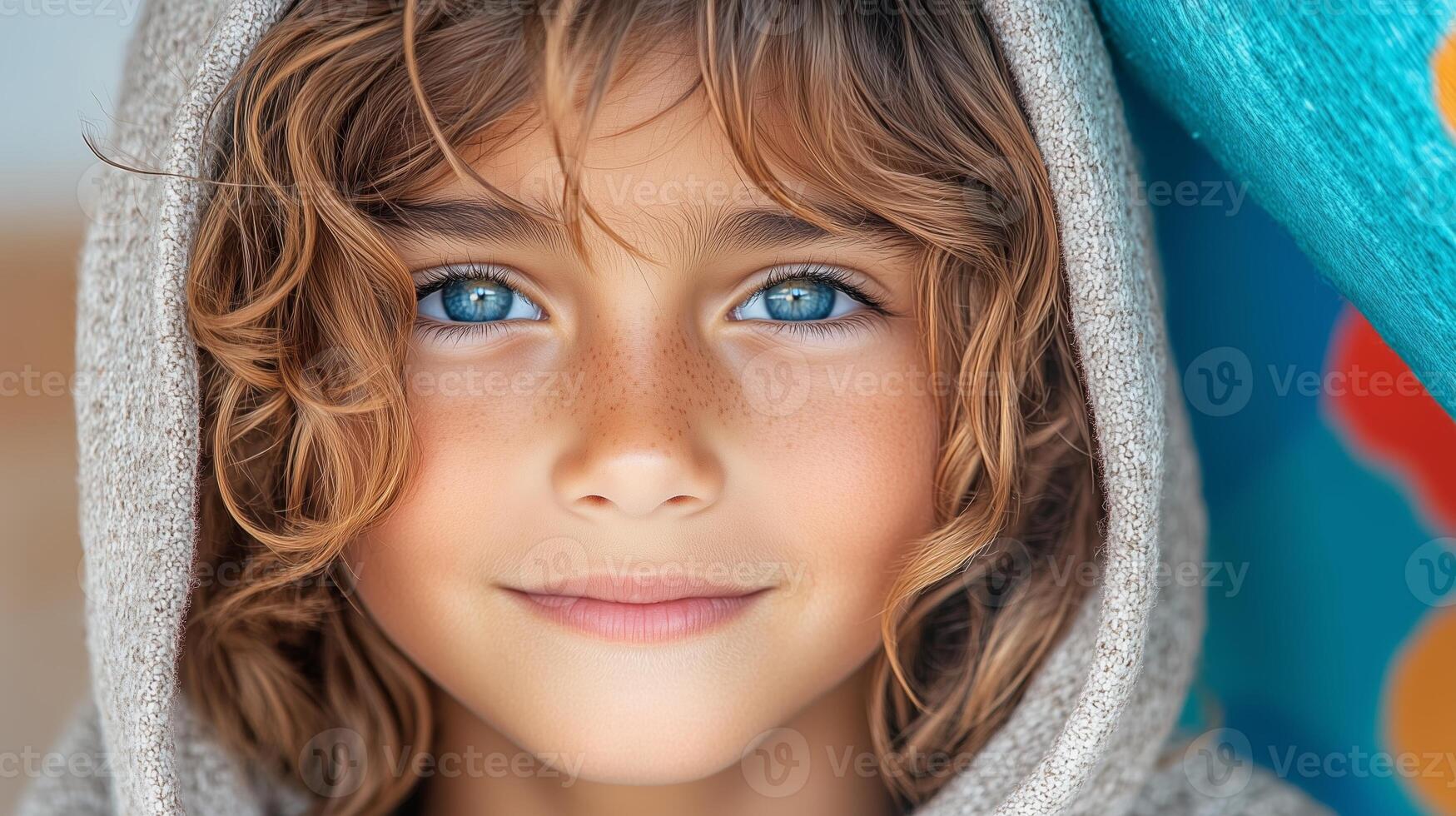 Girl with blue eyes in a hoodie smiling. photo