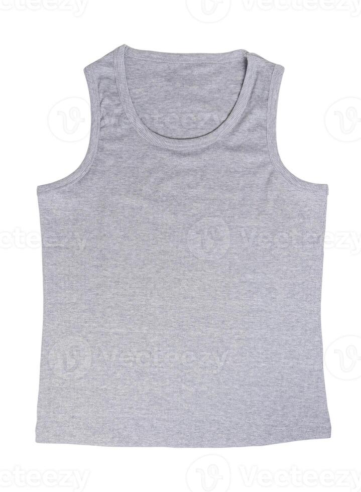 studio shot of simple grey sleeveless t-shirt showing its simple design and neutral color suitable for everyday wear or as underwear, isolated on clean white background, photo