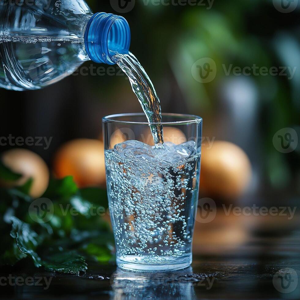 bottle of water is tilted, pouring clear water into a glass placed on a table. photo