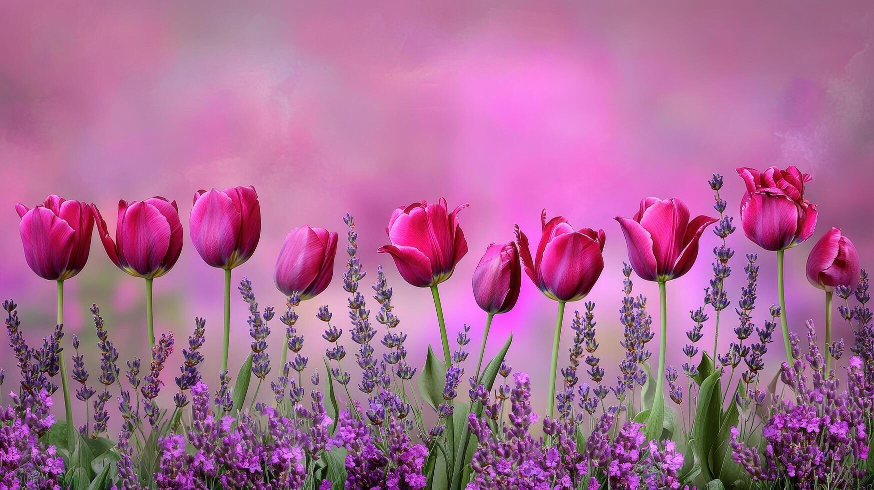 Pink Tulips and Lavender Create a Beautiful Spring Scene photo