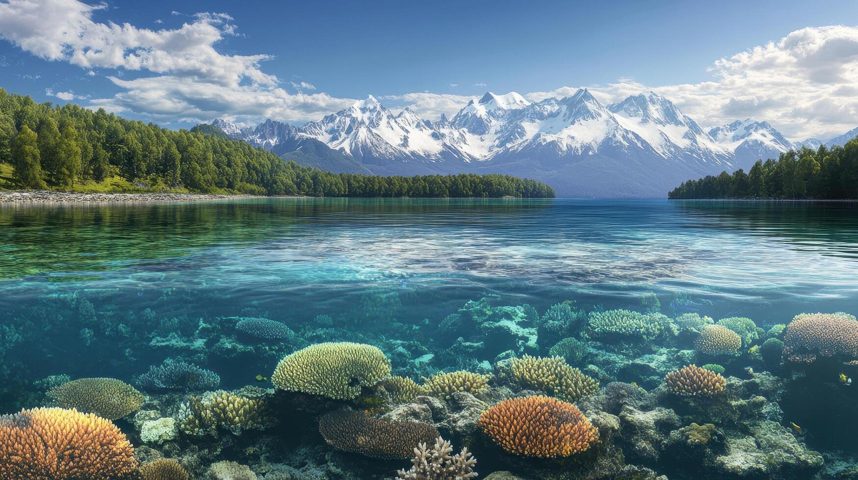 Mountain Lake Scene With Vibrant Underwater Coral Reef photo