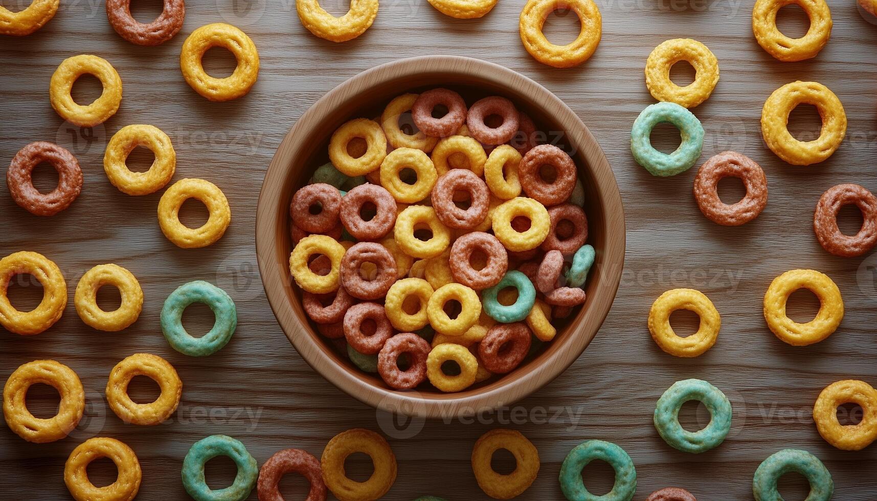 Cereal ring yellow and blue on wooden bowl in brown table pattern seamless photo