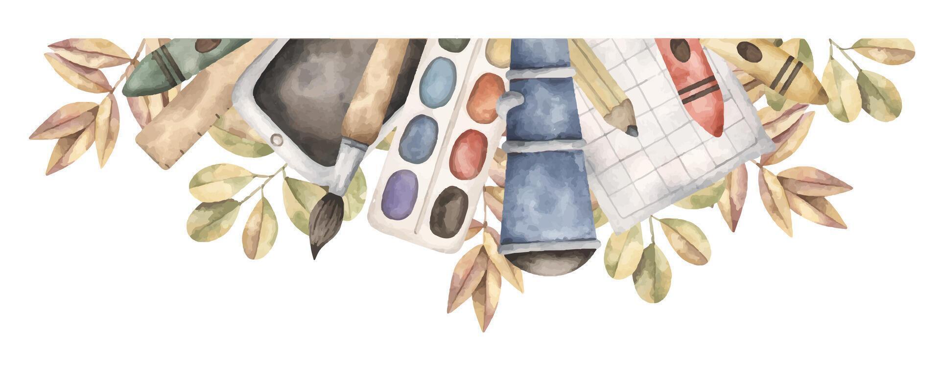 Back to school. Watercolor hand-drawn border with brush, pencil, ruler, felt-tip pen, test tube, watercolor paints, tablet, sheet, telescope and autumn leaves. Cute school compositions for kids vector