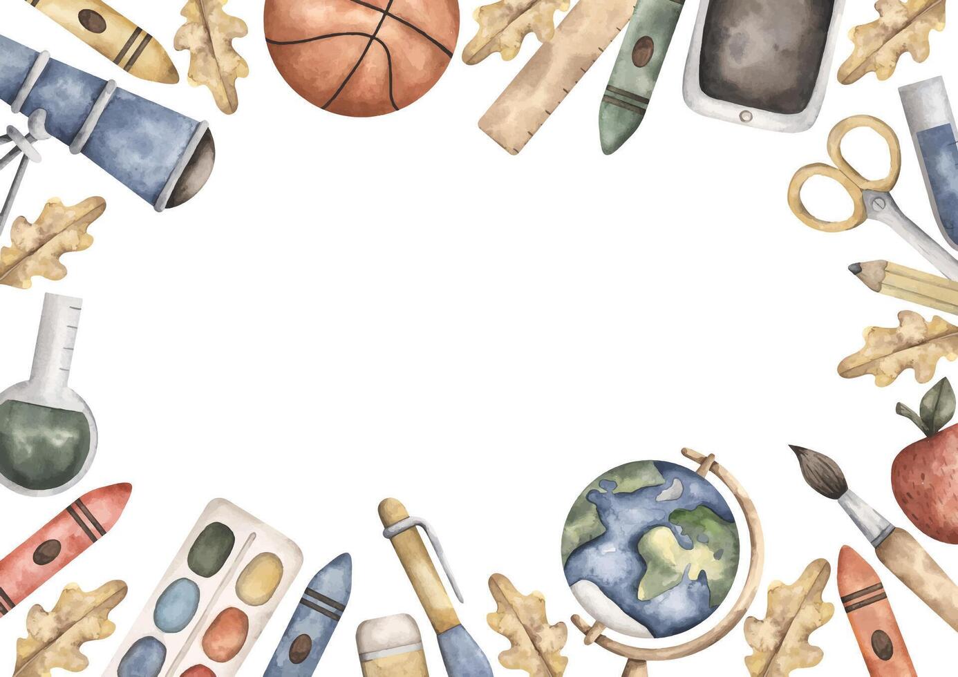 Back to school. Watercolor hand-drawn frame with globe, telescope, school supplies and leaves. Cute school compositions for kids vector