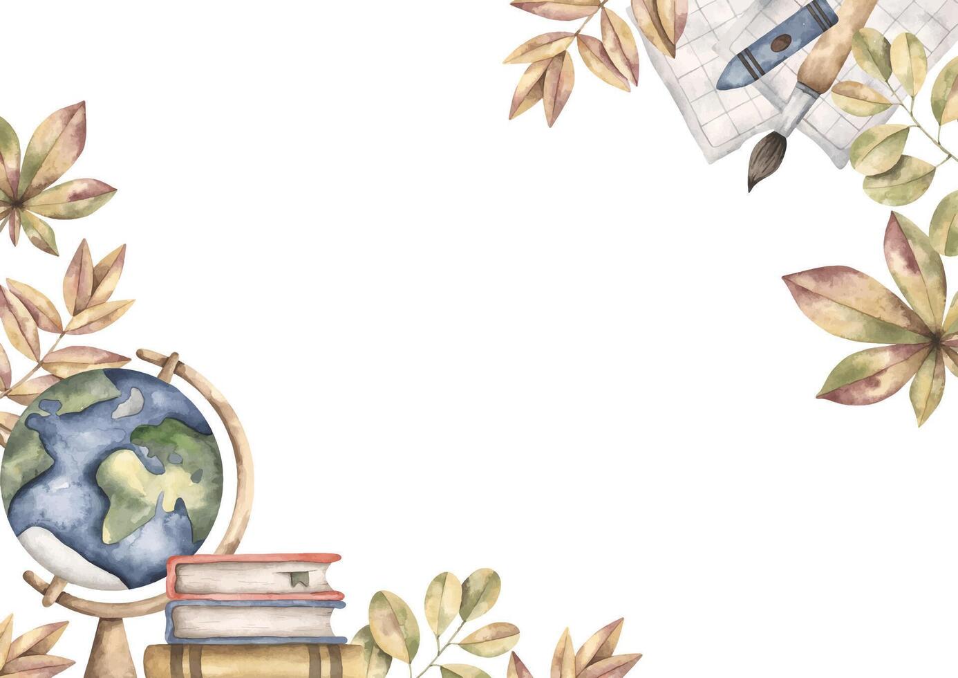 Back to school. Watercolor hand-drawn frame with globe, stack of books, paper, brush, felt-tip pen and leaves. Cute school compositions for kids vector