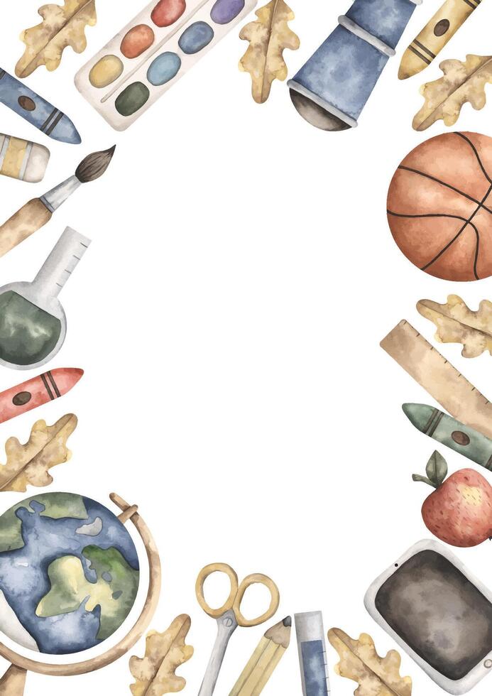 Back to school. Watercolor hand-drawn frame with globe, telescope, school supplies, autumn leaves. Cute school compositions for kids vector