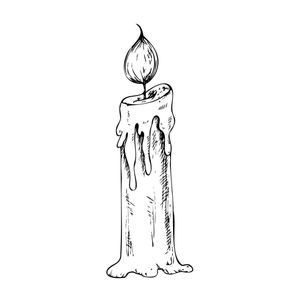 candle with wick and wax. Hand painted linear candlelight illustration style for Christmas or birthday design. Graphic monochrome sketch isolated on background. For designers, prints, logo vector