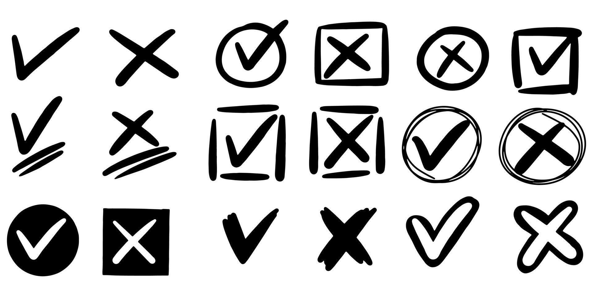 Check marks doodle set. Hand drawn chalk checklist, checkbox, tick and cross signs in sketch style. vector