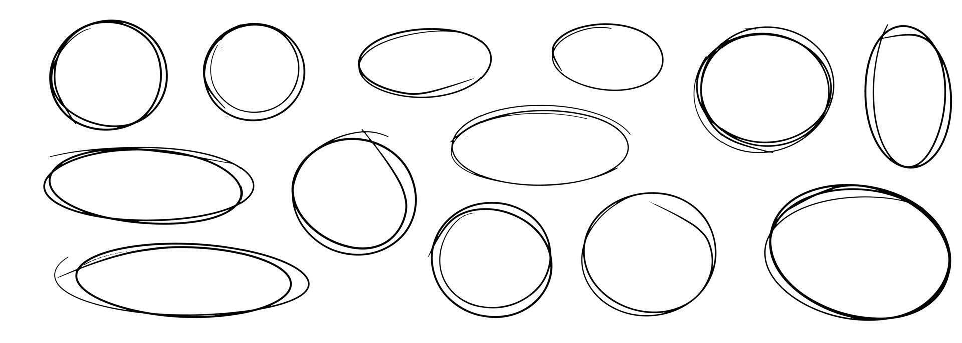 Set of hand drawn doodle ellipses. Scribble ovals and bubbles to circle and highlight text. Collection of different brush drawn black circles. vector