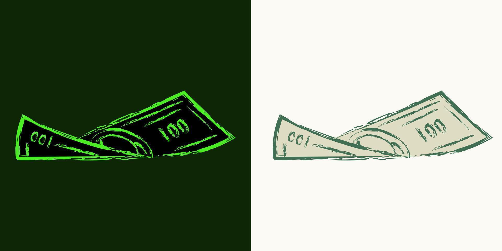 Twisted american 100 dollar bill with front side. Falling, flying banknote. Cash money. Outline contour illustration. Single isolated object. Grunge style. Neon fluorescent green color vector