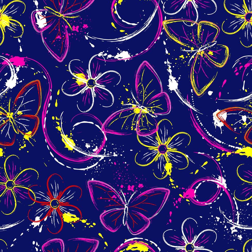 Seamless fantasy pattern with flowers, butterfly, paint brush strokes, spattered paint. Bright glowing neon colors. Outline, contour illustrations. Virtual surreal nature. vector