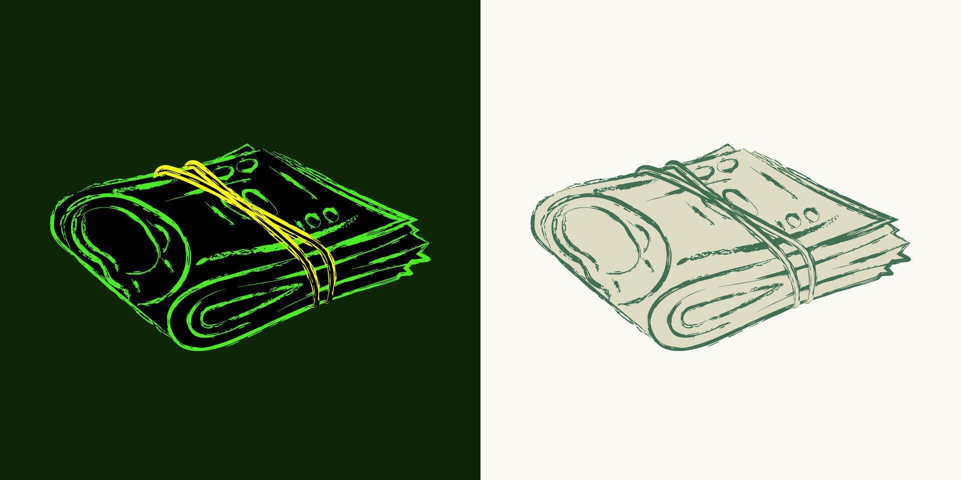 Wad of 100 dollar bills folded in half. Cash money. Outline contour icon. Single isolated object. Grunge style. Neon fluorescent green color. Perspective side view vector