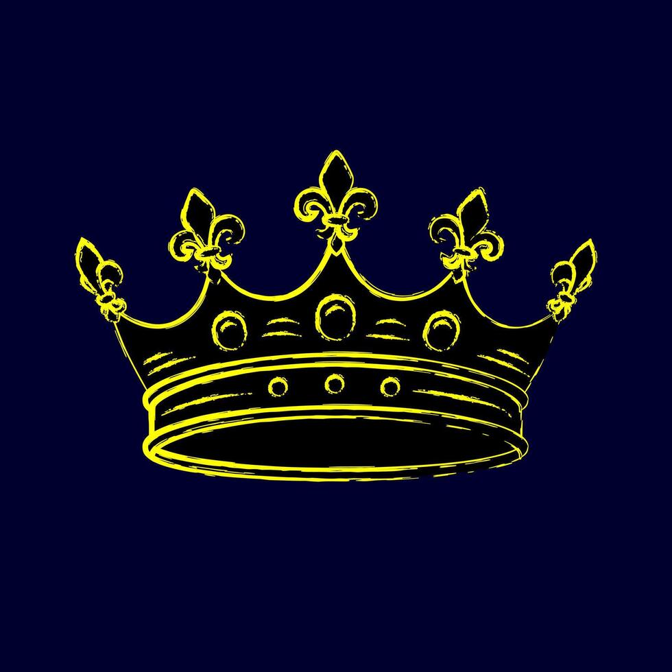 Crown with fleur de lis sign on points. Outline contour illustration. Single isolated object. Grunge style. Neon fluorescent yellow color vector