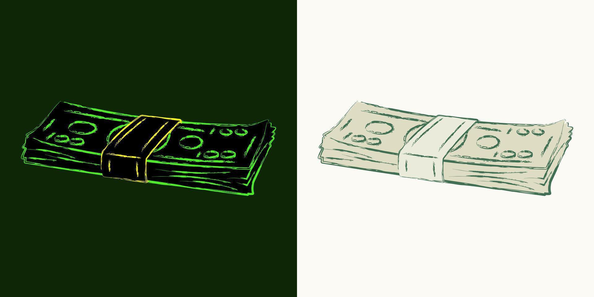Lying stack of 100 dollar bills. Cash money. Outline contour icon. Single isolated object. Grunge style. Neon fluorescent green color. Perspective side view vector
