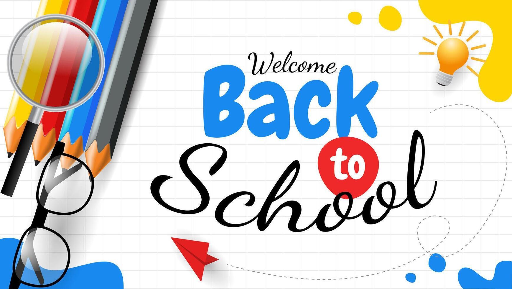 Back to school banner with pencils glasses a magnifying glass and a lightbulb. vector