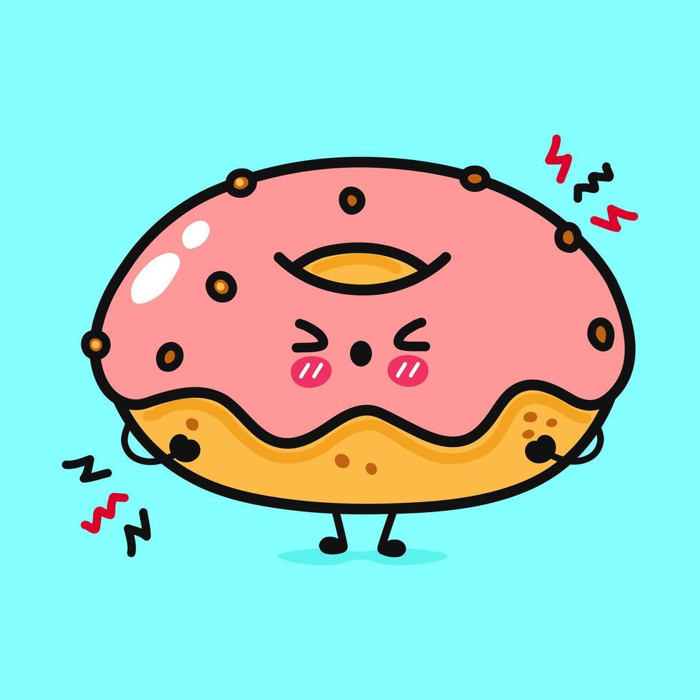 A charming cartoon donut expresses worry, showcasing its cute design and pink frosting on a blue backdrop. vector