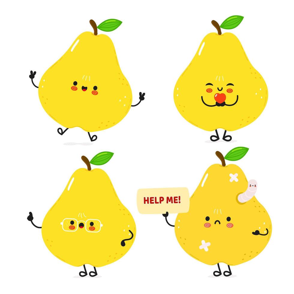 Four yellow cartoon pears are shown with different expressions. One is waving, another is sick with a worm, another is wearing glasses, and the last one has a mustache. vector