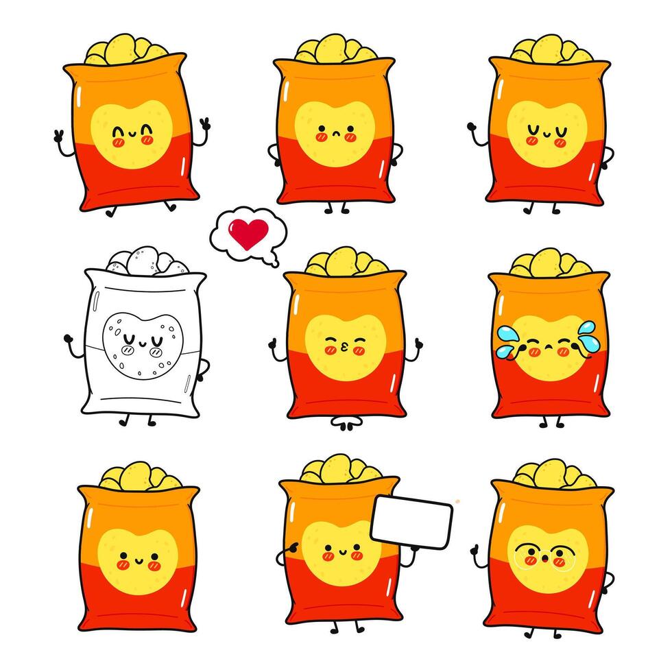 Charming and expressive cartoon chip bags, full of emotion and playful personality on a white backdrop. vector