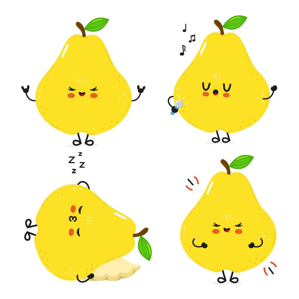 Delightful pear cartoon characters express joy, singing, meditation, and relaxation with cheerful expressions. vector
