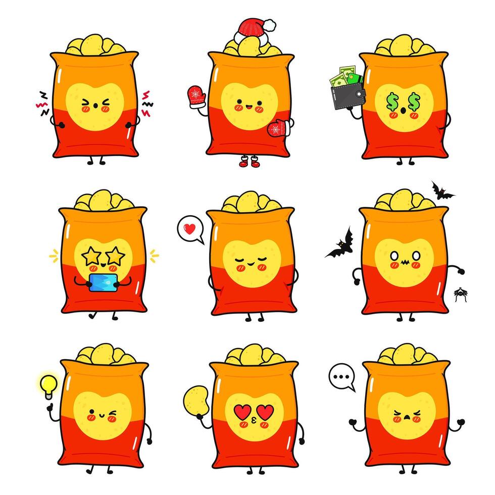 Adorable bags of potato chips express a variety of emotions with unique facial expressions and props. vector